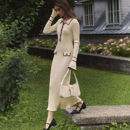 Ribbed Knit Collared Maxi Sweater Dress