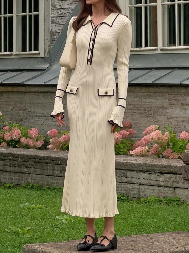 Ribbed Knit Collared Maxi Sweater Dress