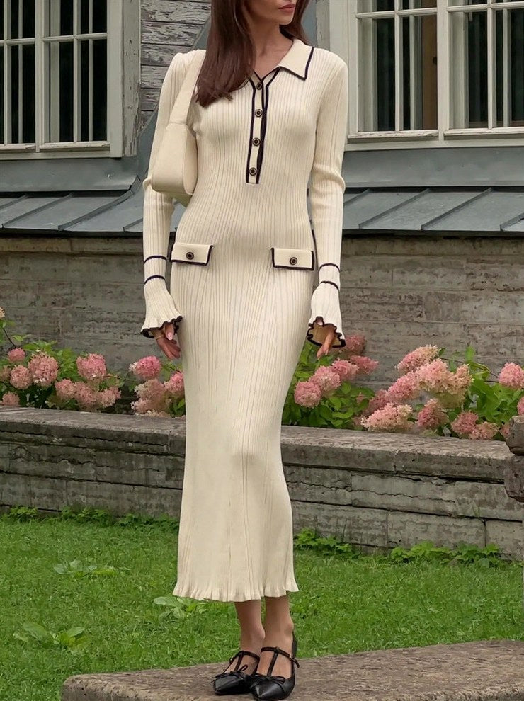 Ribbed Knit Collared Maxi Sweater Dress