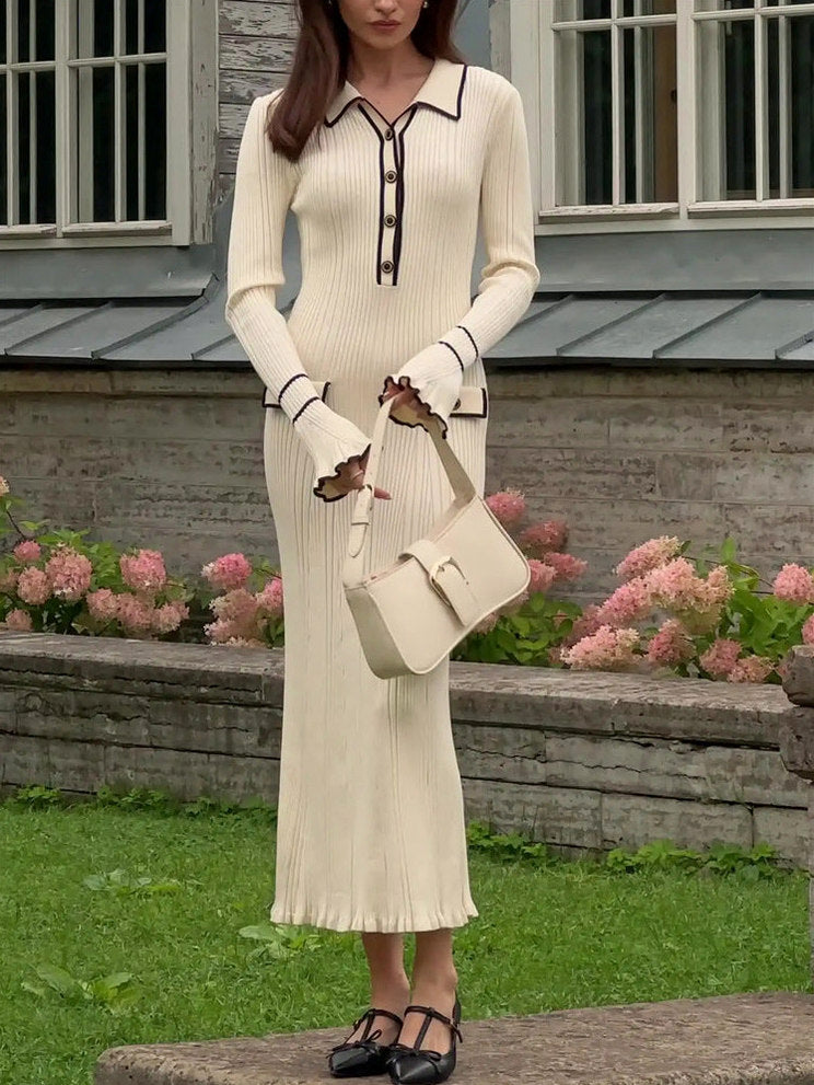 Ribbed Knit Collared Maxi Sweater Dress