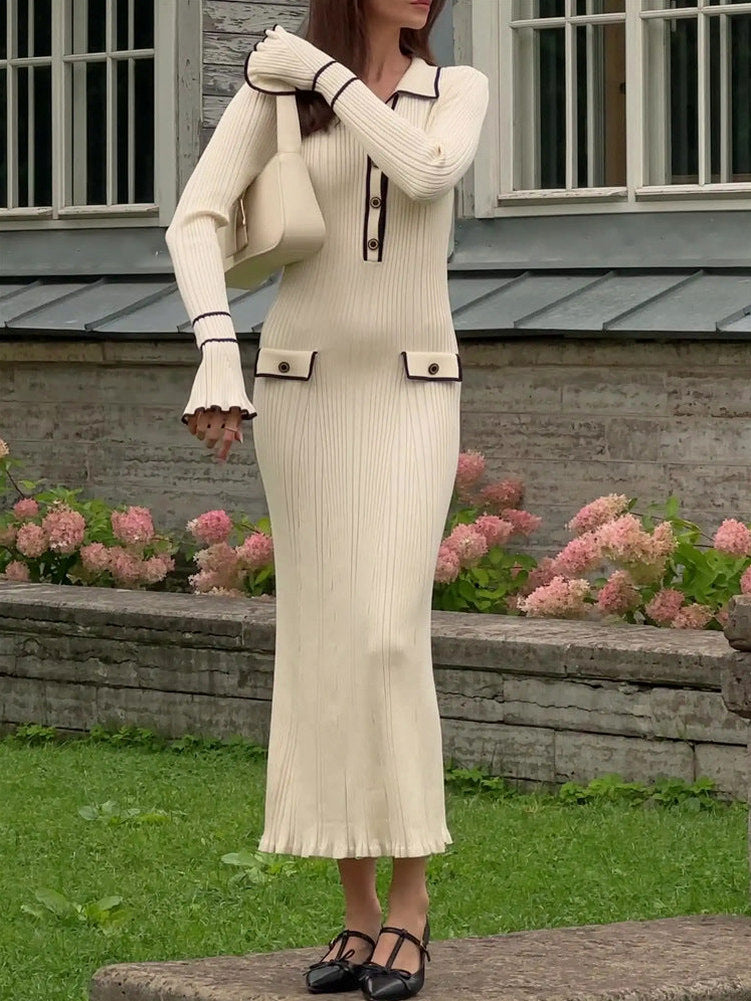 Ribbed Knit Collared Maxi Sweater Dress