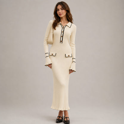 Ribbed Knit Collared Maxi Sweater Dress