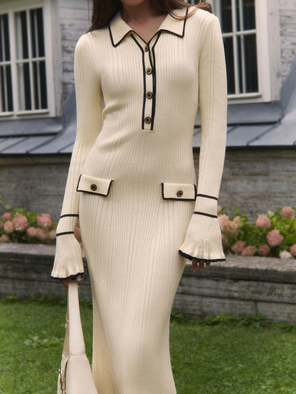 Ribbed Knit Collared Maxi Sweater Dress