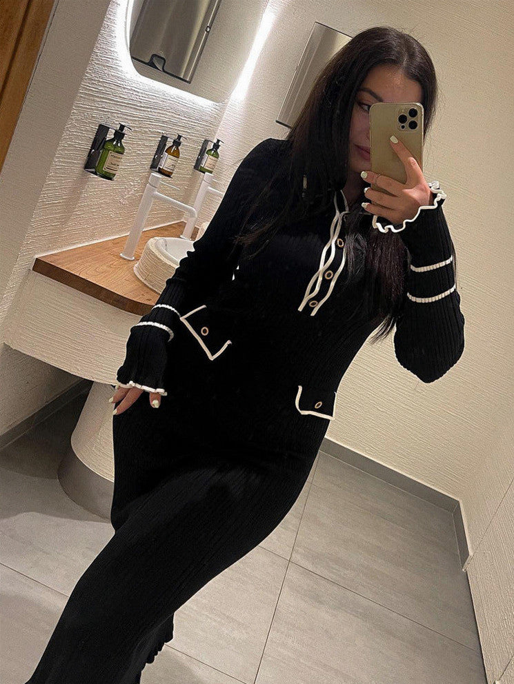 Ribbed Knit Collared Maxi Sweater Dress