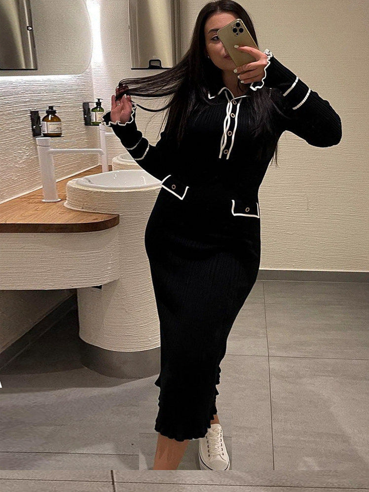 Ribbed Knit Collared Maxi Sweater Dress
