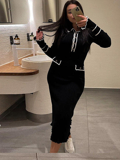 Ribbed Knit Collared Maxi Sweater Dress