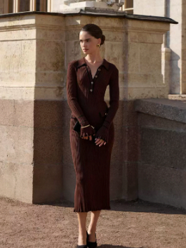 Ribbed Knit Collared Maxi Sweater Dress