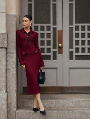 Ribbed Knit Collared Maxi Sweater Dress