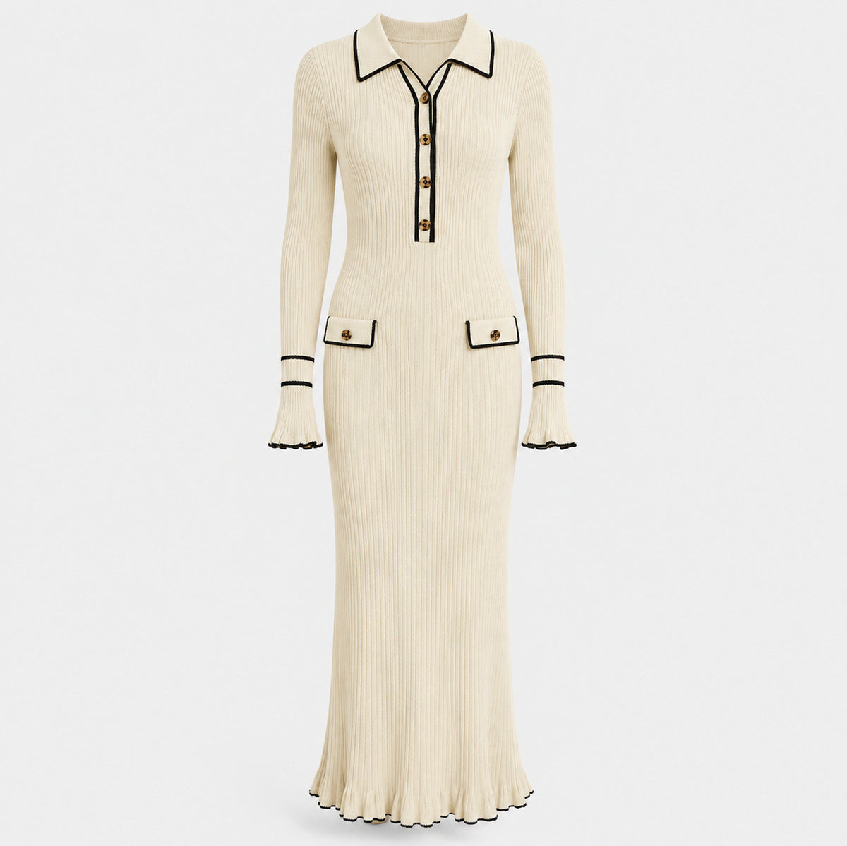 Ribbed Knit Collared Maxi Sweater Dress