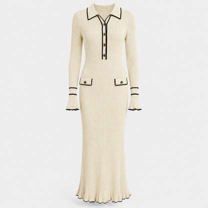 Ribbed Knit Collared Maxi Sweater Dress