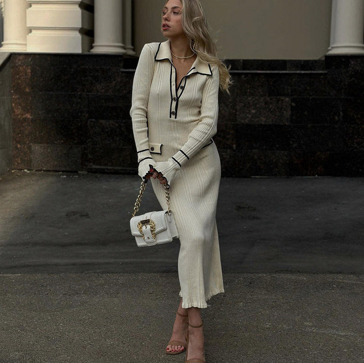 Ribbed Knit Collared Maxi Sweater Dress