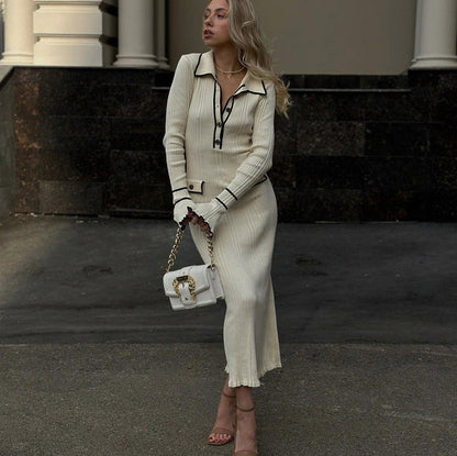 Ribbed Knit Collared Maxi Sweater Dress