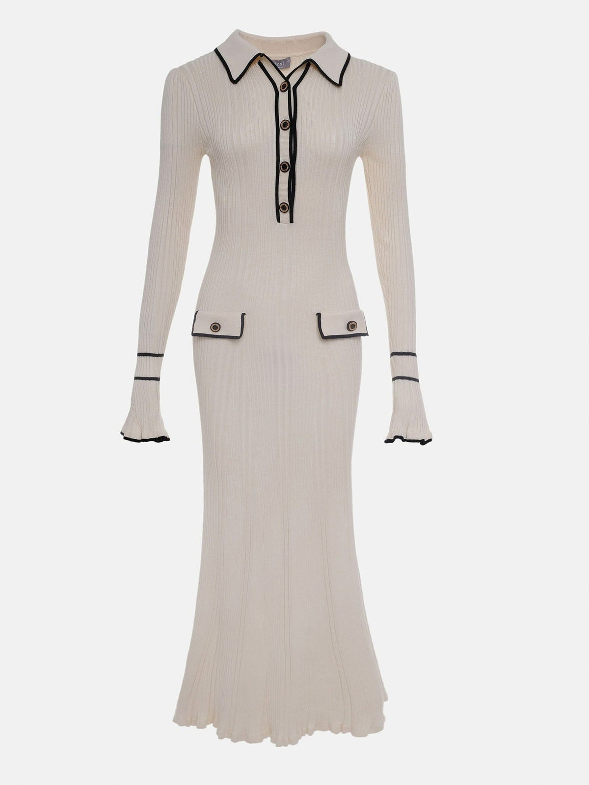 Ribbed Knit Collared Maxi Sweater Dress