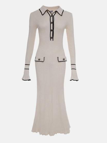 Ribbed Knit Collared Maxi Sweater Dress