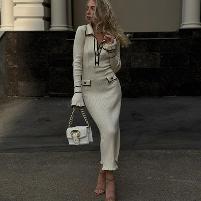 Ribbed Knit Collared Maxi Sweater Dress
