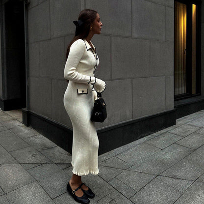 Ribbed Knit Collared Maxi Sweater Dress