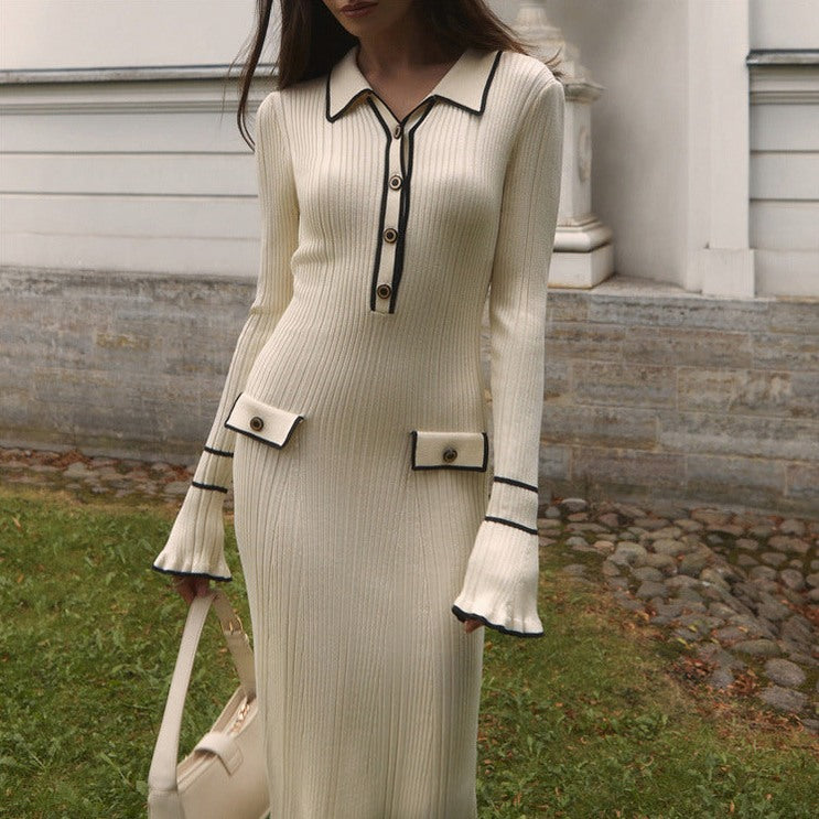 Ribbed Knit Collared Maxi Sweater Dress