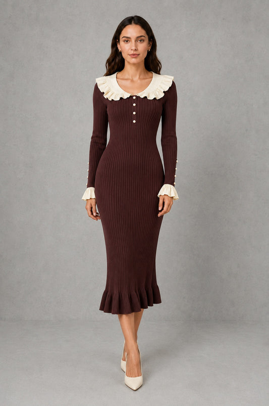 Ribbed Knit Collared Midi Dress