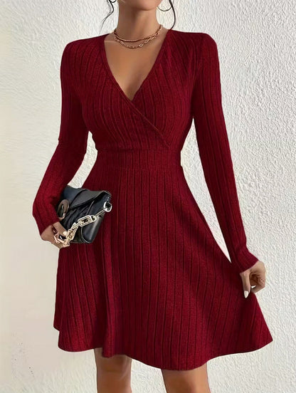 Ribbed Knit Wrap Mini Sweater Dress