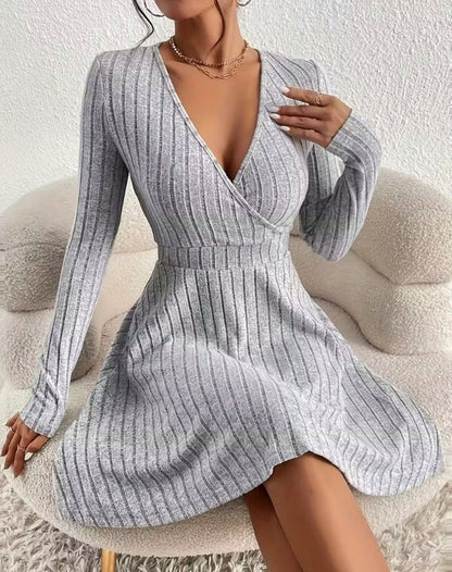 Ribbed Knit Wrap Mini Sweater Dress