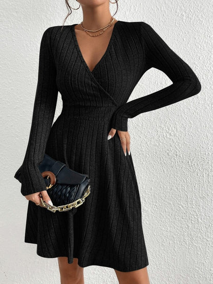 Ribbed Knit Wrap Sweater Dress