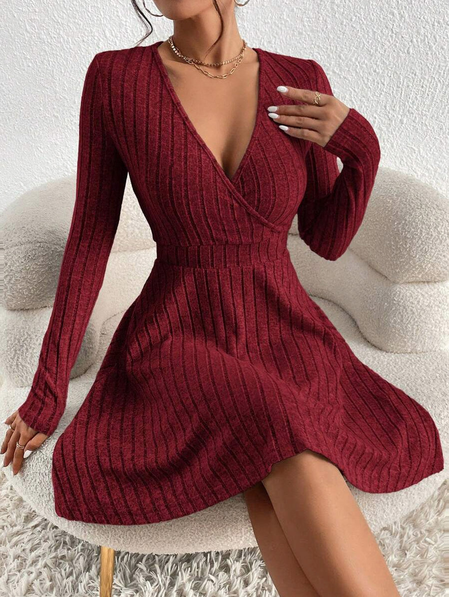 Ribbed Knit Wrap Sweater Dress