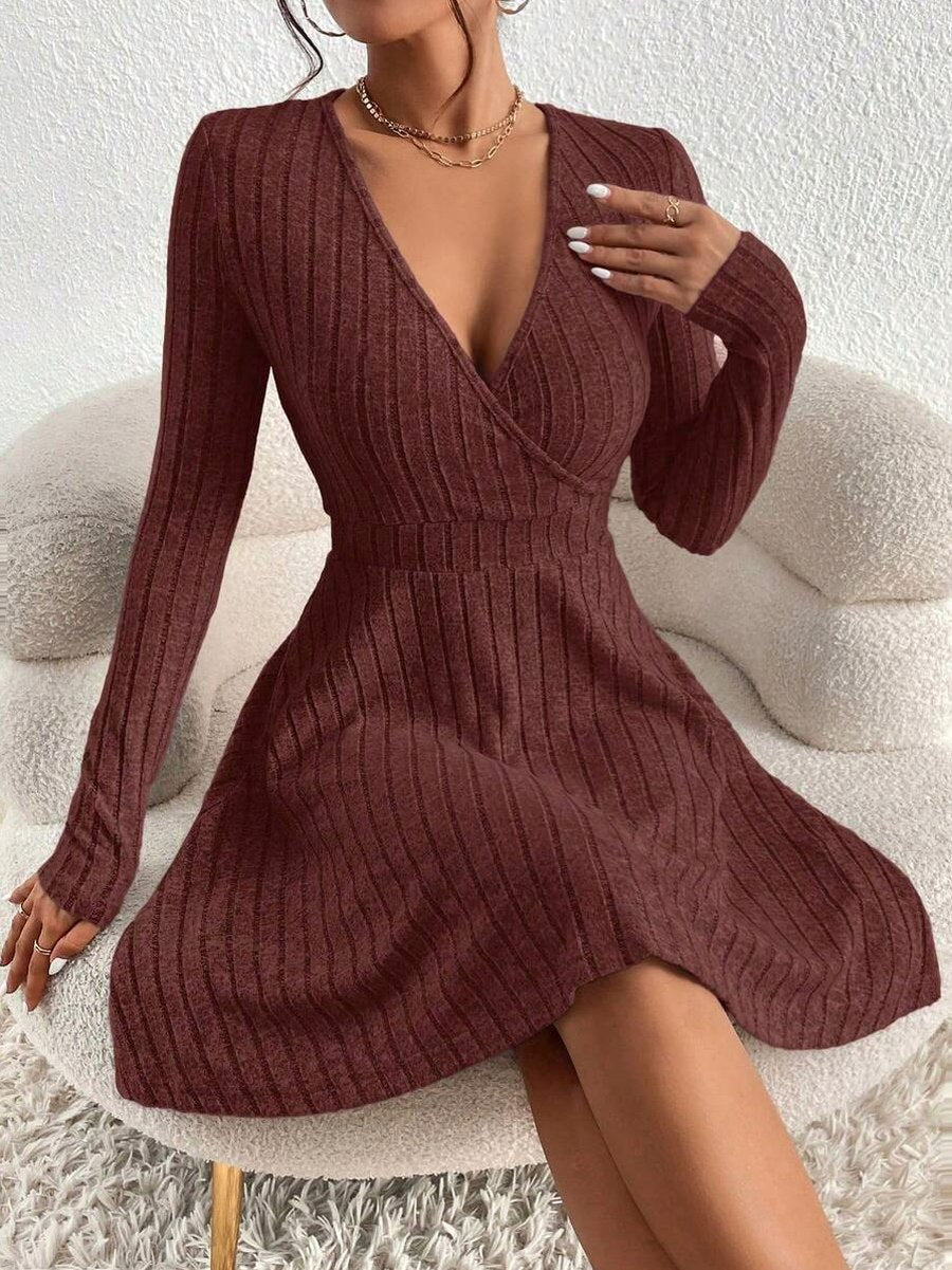 Ribbed Knit Wrap Sweater Dress