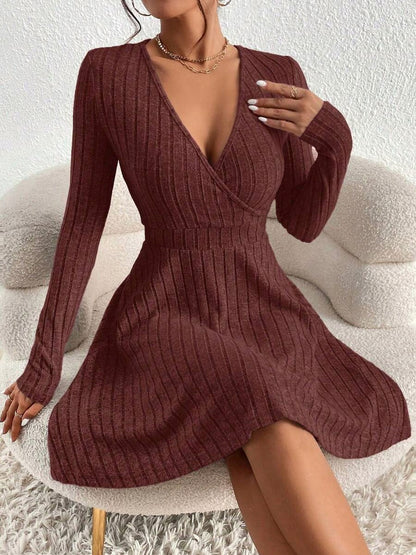 Ribbed Knit Wrap Sweater Dress