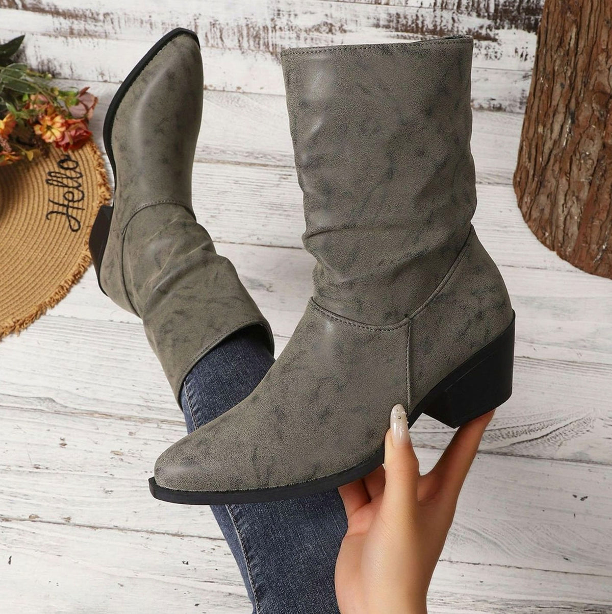 Ruched Pointed Toe Mid Calf Boots