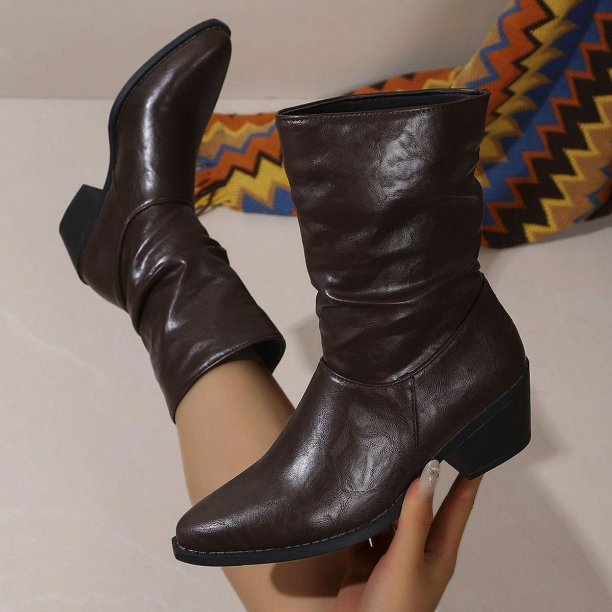 Ruched Pointed Toe Mid Calf Boots
