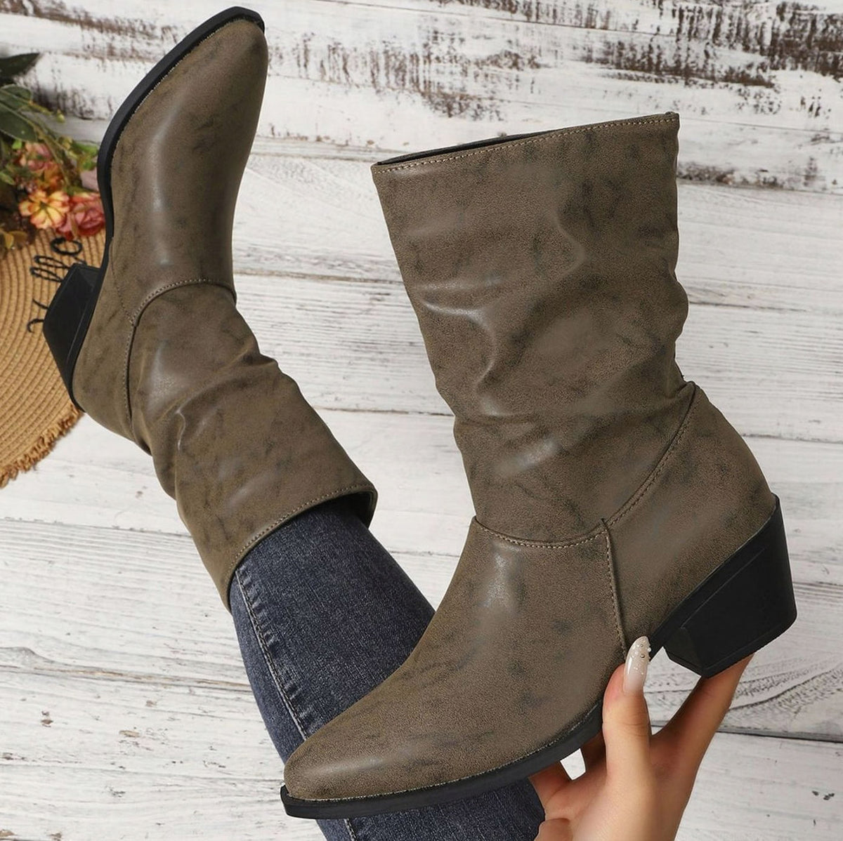 Ruched Pointed Toe Mid Calf Boots