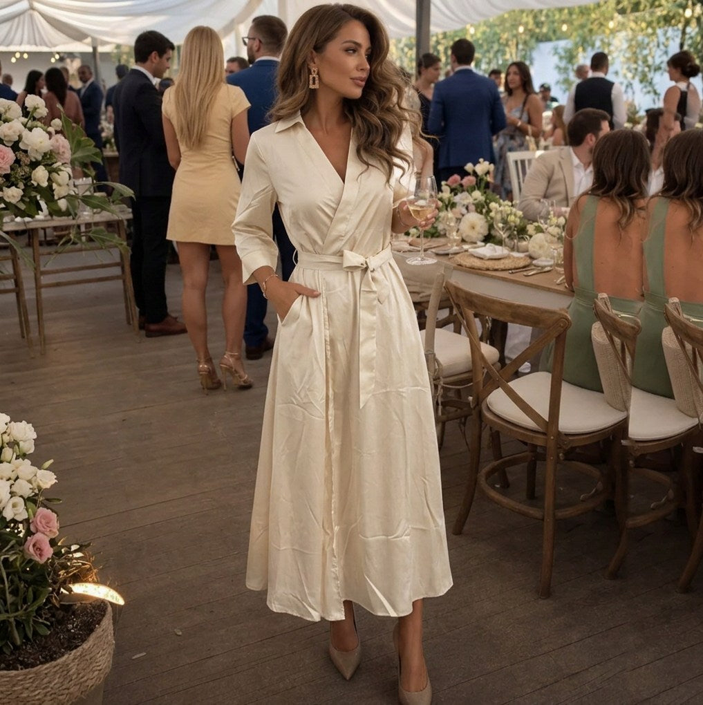 Satin Collared Long Sleeve Maxi Dress