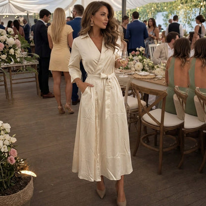 Satin Collared Long Sleeve Maxi Dress