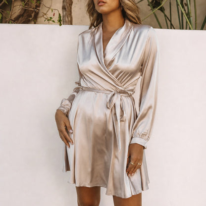 Satin Long Sleeve Wrap Mini Dress