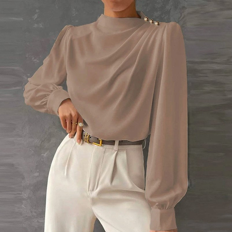 Satin Mock Neck Long Sleeve Blouse