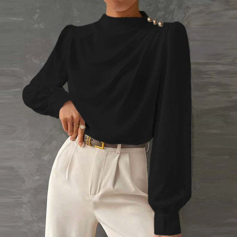 Satin Mock Neck Long Sleeve Blouse