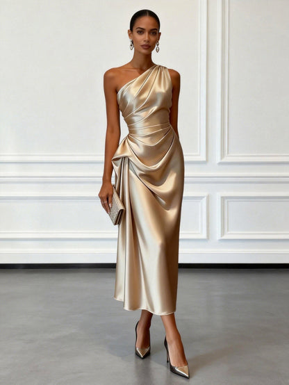 Satin One Shoulder Draped Midi Dress