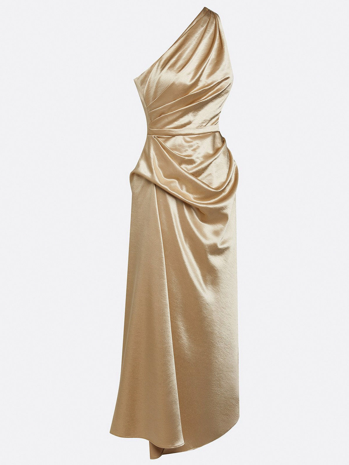 Satin One Shoulder Draped Midi Dress