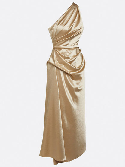 Satin One Shoulder Draped Midi Dress