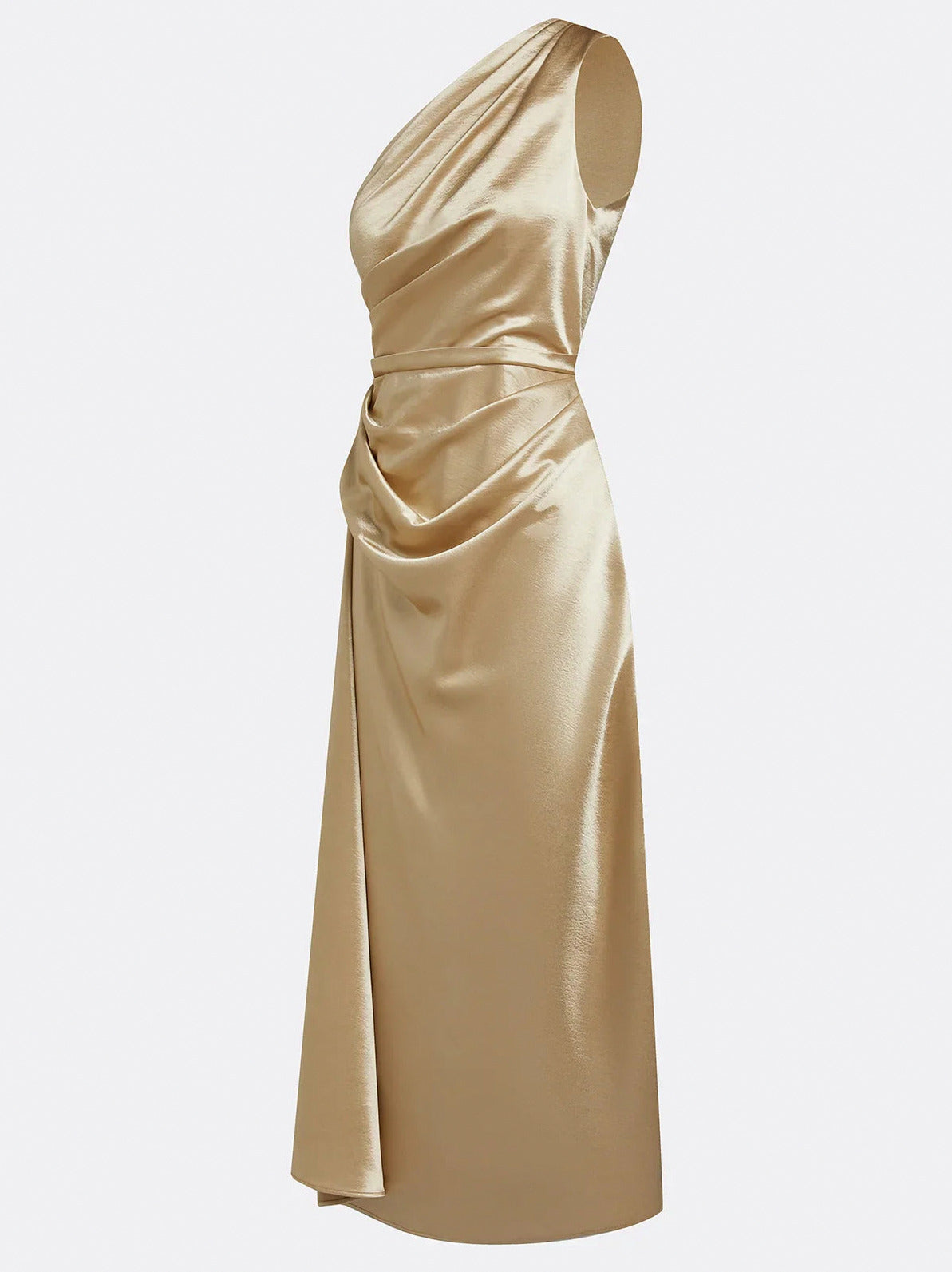 Satin One Shoulder Draped Midi Dress