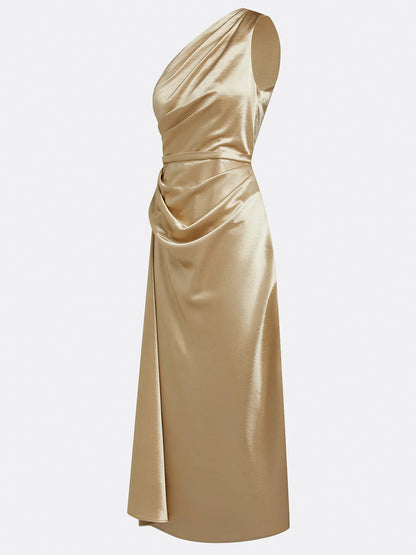 Satin One Shoulder Draped Midi Dress