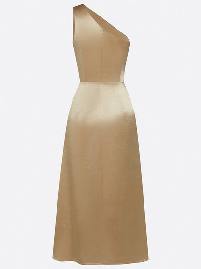 Satin One Shoulder Draped Midi Dress