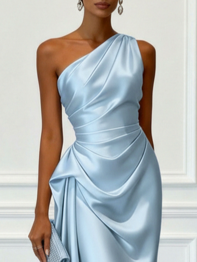 Satin One Shoulder Draped Midi Dress