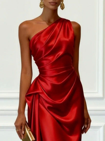 Satin One Shoulder Draped Midi Dress