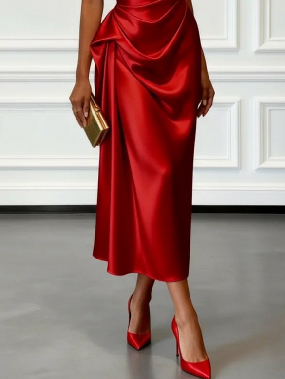 Satin One Shoulder Draped Midi Dress
