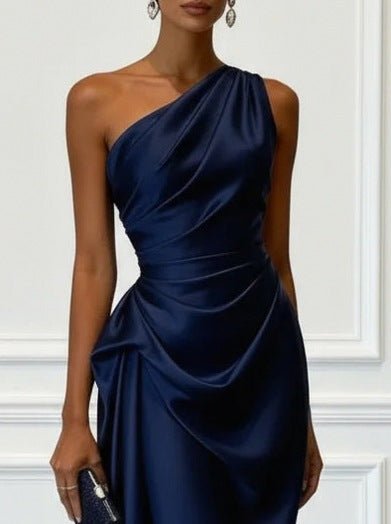 Satin One Shoulder Draped Midi Dress
