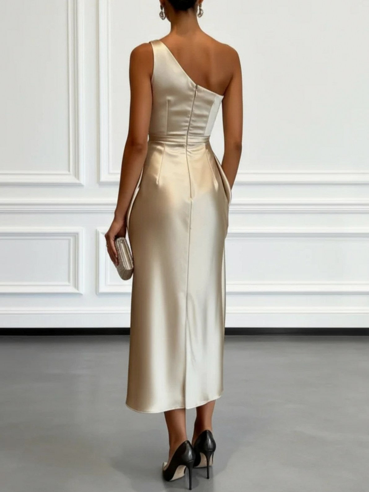 Satin One Shoulder Draped Midi Dress