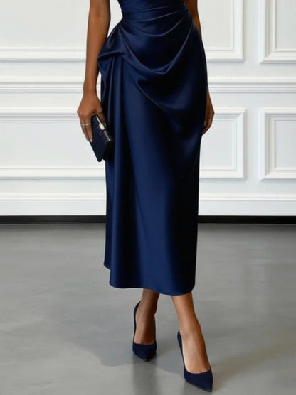 Satin One Shoulder Draped Midi Dress