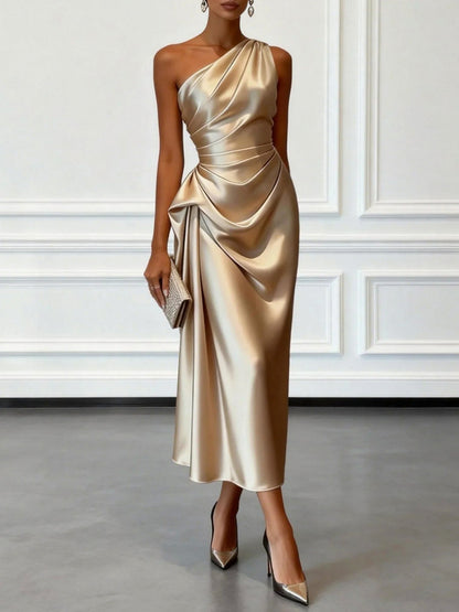 Satin One Shoulder Draped Midi Dress