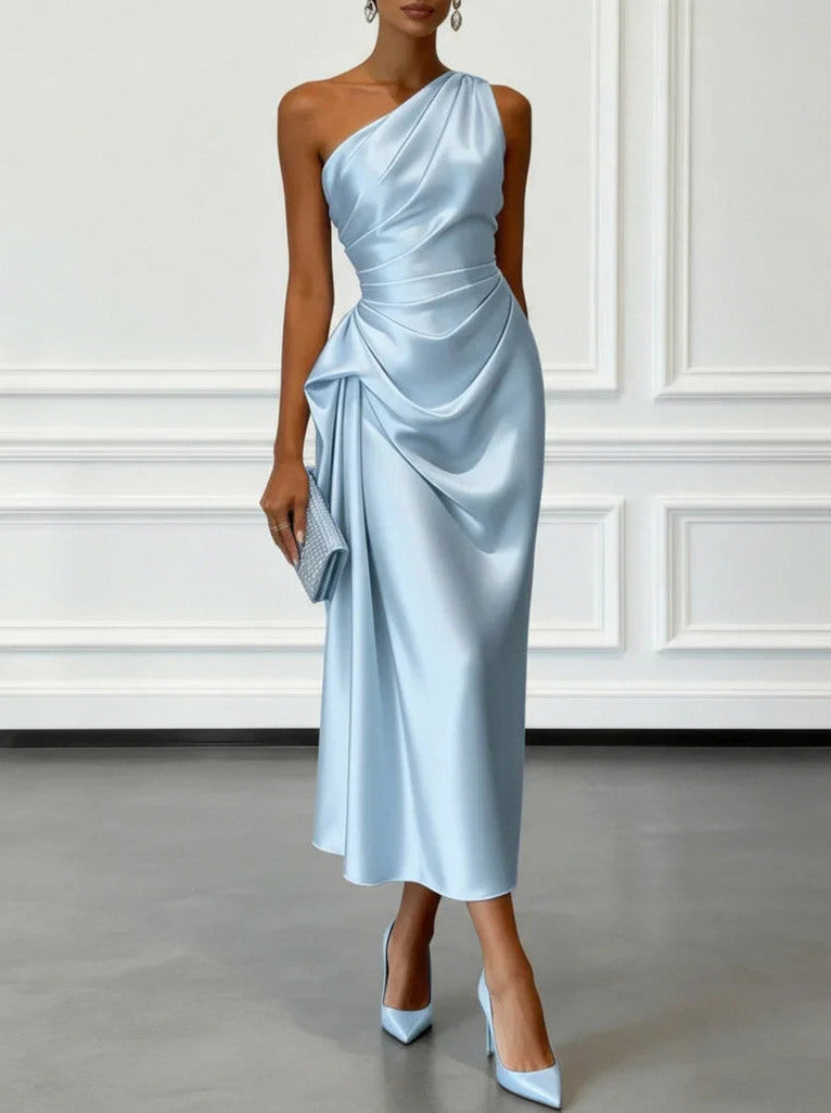 Satin One Shoulder Draped Midi Dress